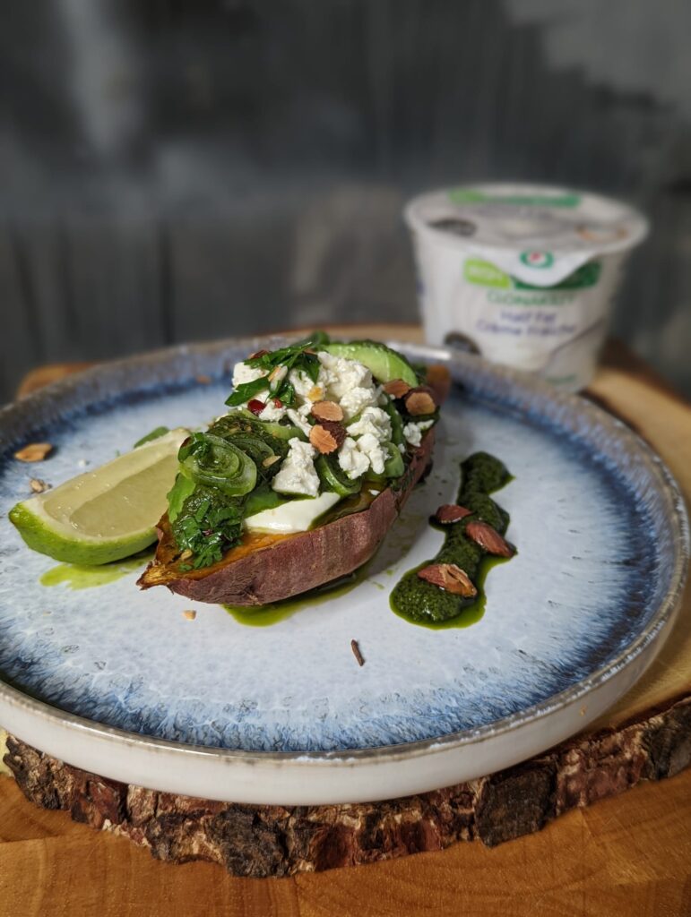 Baked Sweet Potato's with Avocado, Irish Yogurts Clonakilty Crème Fraîche, Feta Cheese with Herb Oil.