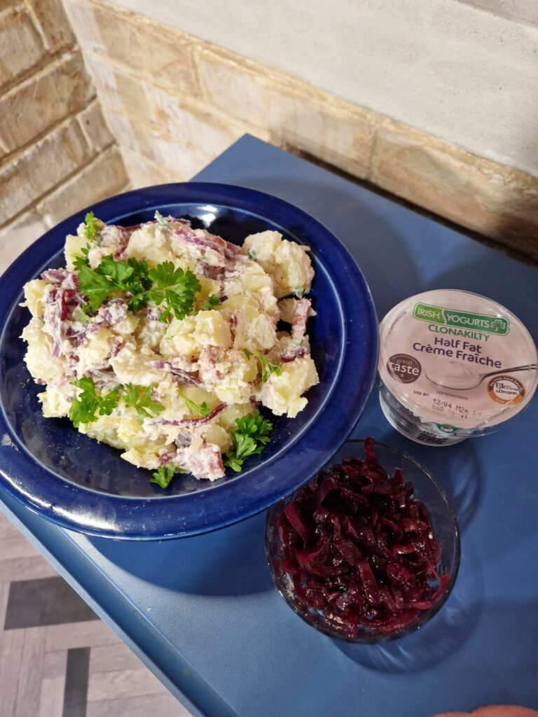 Potato Salad with Red Onion Marmalade, Smoked Bacon & Crème Fraîche