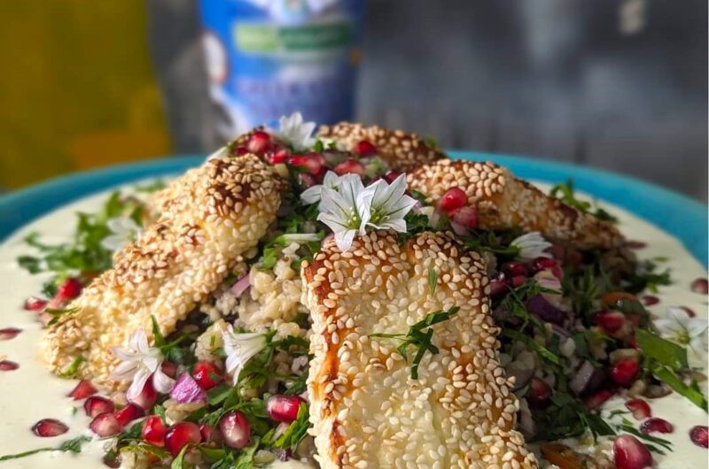 Jalapeño Yogurt with Sesame Halloumi and Tabbouleh