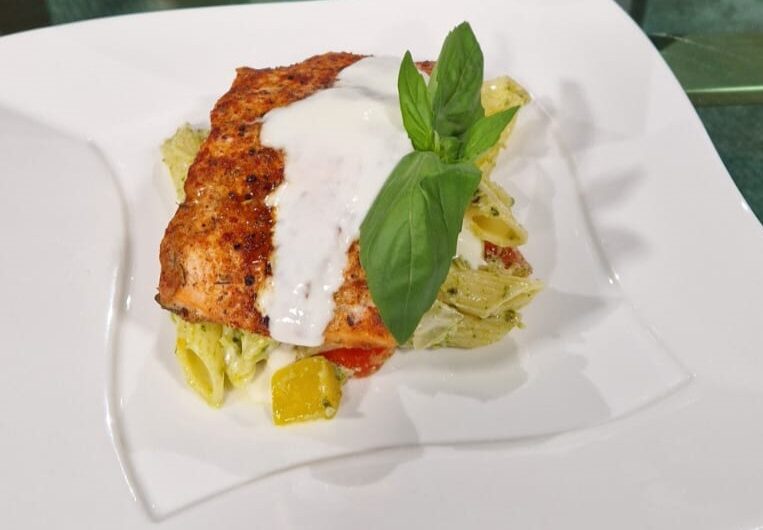 Penne Pasta Salad with Roasted Mediterranean Vegetables & Cajun Salmon