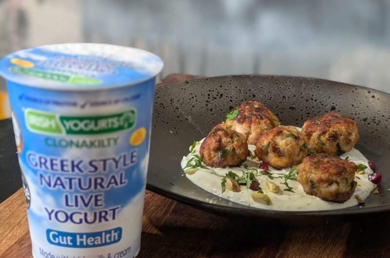 Moroccan-Spiced Turkey Meatballs with Yogurt & Pomegranate Seeds