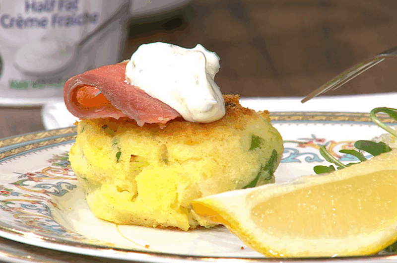 Spring Onion Potato Cakes, Smoked Salmon and Citrus Crème Fraîche