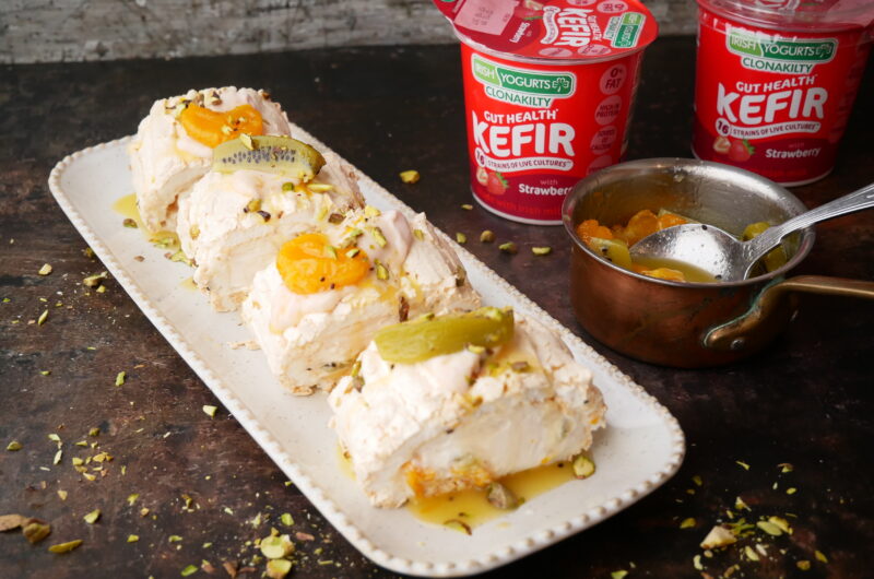 Strawberry Kefir and Caramelised Winter Fruits Meringue Roulade